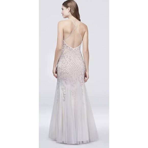 Xscape Beaded Lattice Mermaid Dress with Crisscross Back Pale Pink Prom Womens 4 - Picture 6 of 16